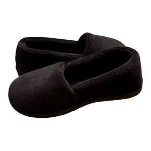 Isotoner Indoor/Outdoor Black Microterry Satin Trimmed Slippers Size 6.5-7